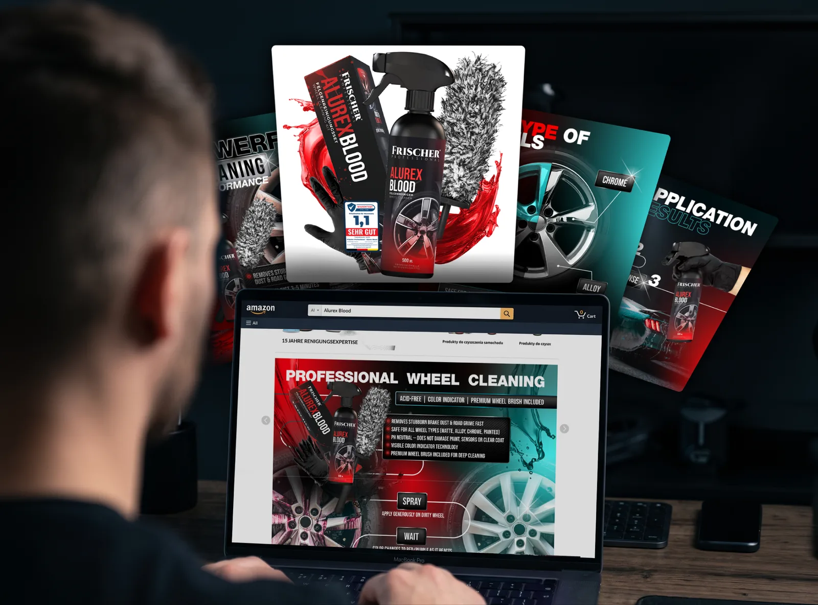 Grafiki produktowe Amazon dla środka do felg Frischer Alurex Blood