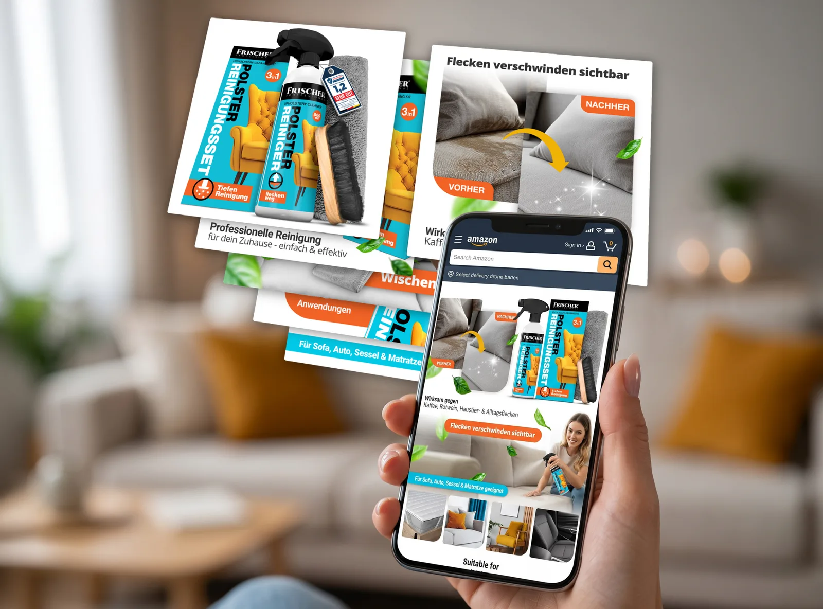 Kolaż grafik Amazon A+ Content dla zestawu Frischer Polster Reinigungsset