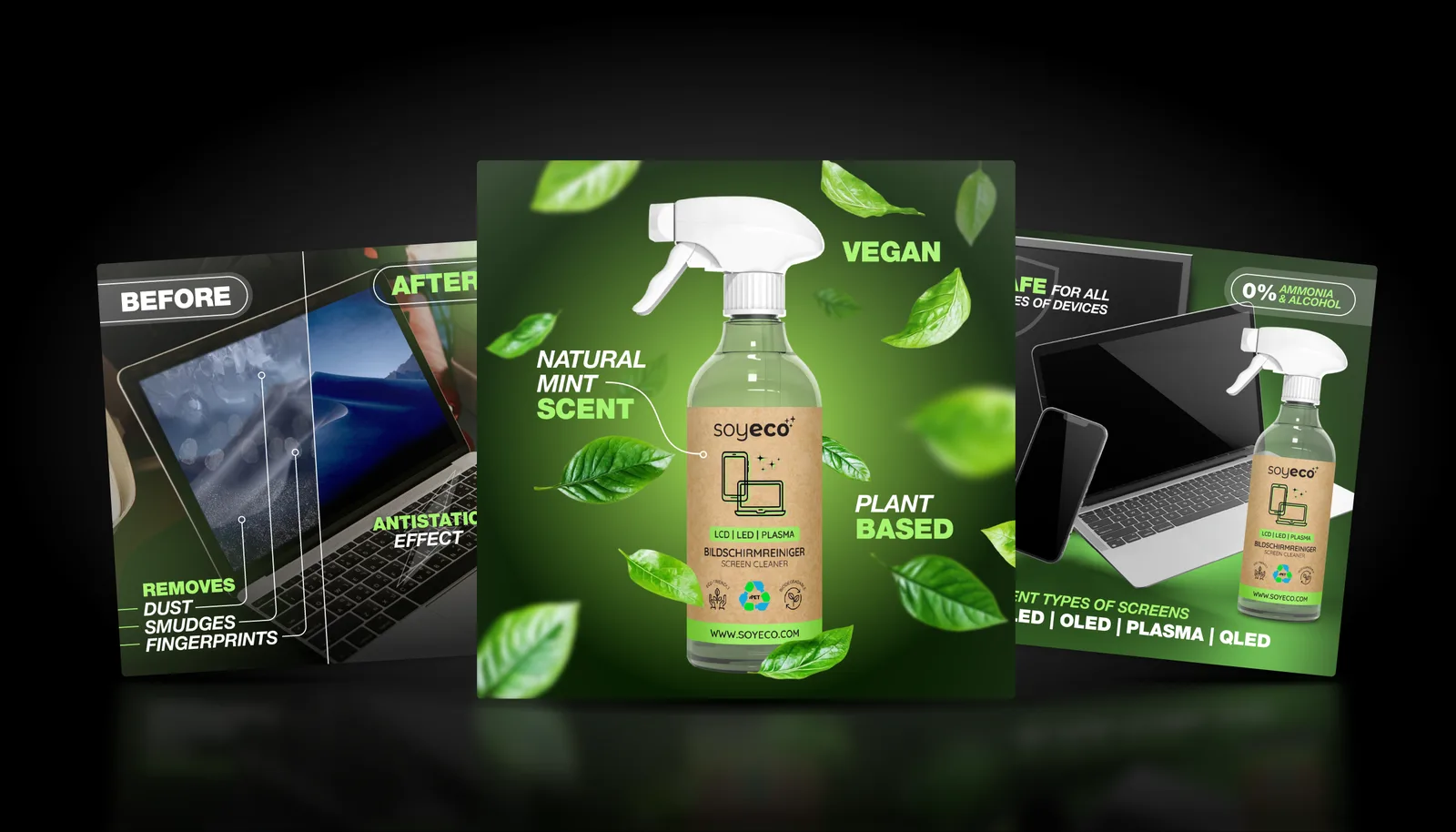 Grafiki produktowe Amazon dla płynu do czyszczenia ekranów SoyEco