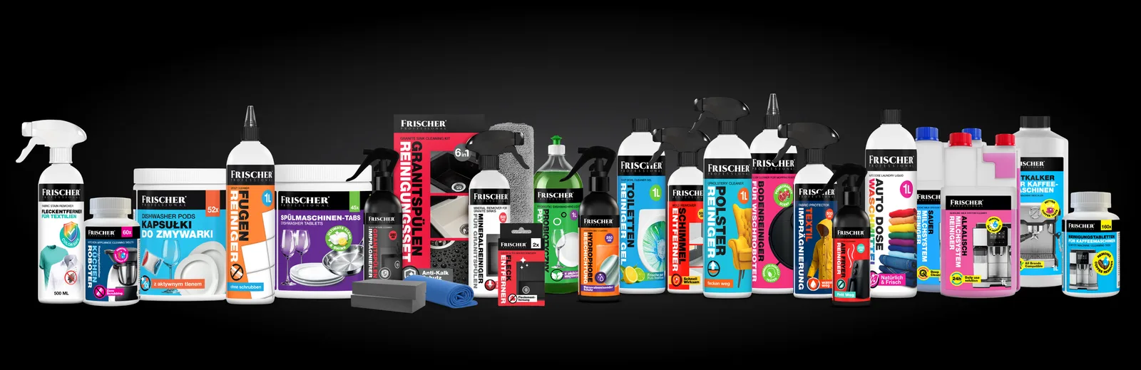 Pełna linia produktowa Frischer Professional - wszystkie warianty butelek