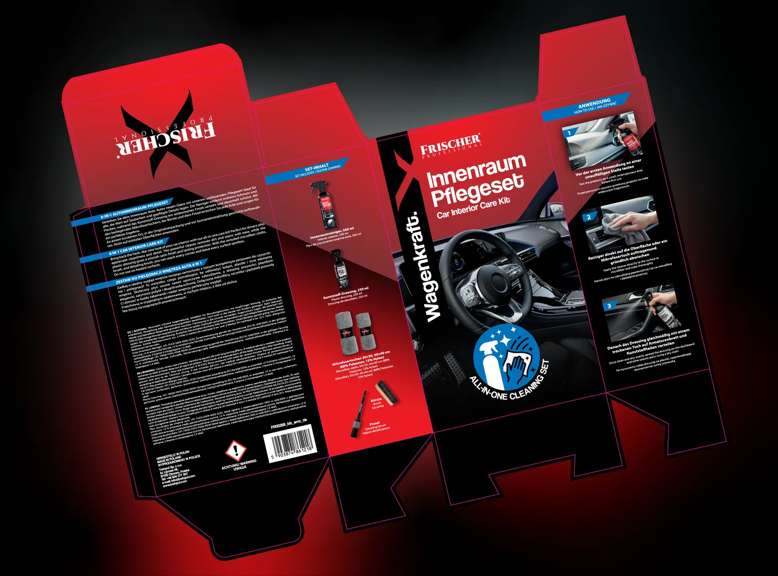 Projekt opakowania (dieline) zestawu Wagenkraft Innenraum Pflegeset